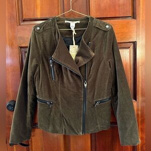 Chelsea & Violet Velvet Moto Jacket 100% Cotton Olive Size M